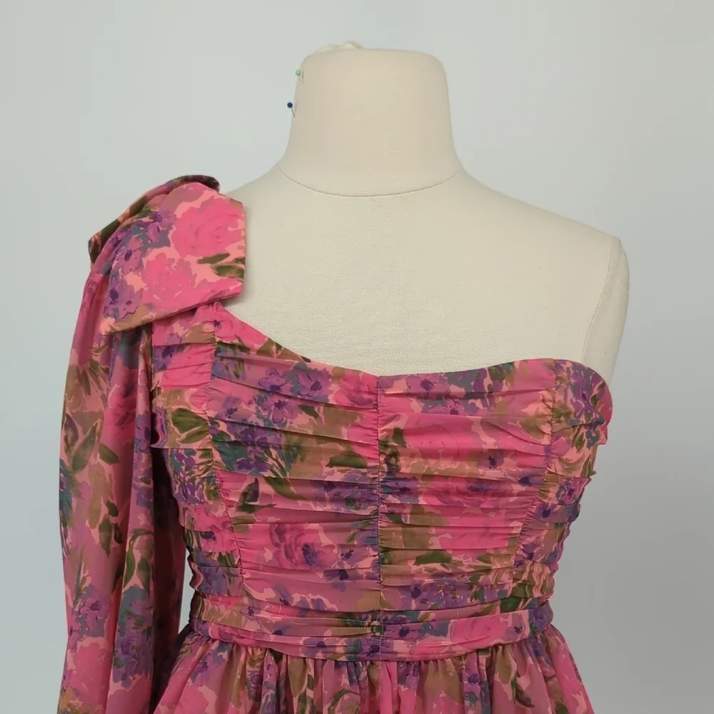 For Love & Lemon Floral One Shoulder Mini Dress Pink 1X party cocktail 80s 90s - Picture 3 of 11